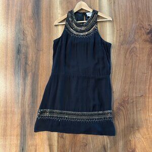 Parker drop waist black silk dress metallic sequin trim